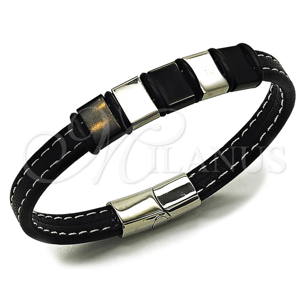 Stainless Steel Bracelet — Fancy Bracelet Black Leather 03. 11 MM Thickness — main product view — SKU 164744 | Acero Inoxidable brazalete — elegante Bracelet negro Leather 03. 11 MM Thickness — SKU 164744