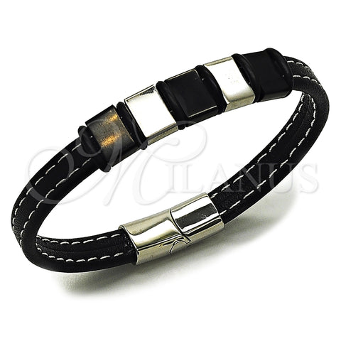 Stainless Steel Fancy Bracelet, Black Leather Finish, Steel Finish, 03.462.0016.09 (11 MM Thickness, 9 Inches Length)