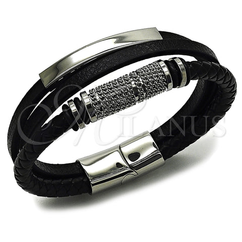 Stainless Steel Fancy Bracelet, Nameplate and Miami Cuban Design, Black Leather Finish, Steel Finish, 03.462.0017.09 (22 MM Thickness, 90 Inches Length)