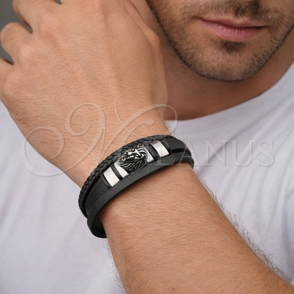 Stainless Steel Bracelet — Fancy Bracelet Lion Design Black Leather 03. 24 — alternate product view — SKU 164746 | Acero Inoxidable brazalete — elegante Bracelet Lion diseño negro Leather 03. 24 — SKU 164746