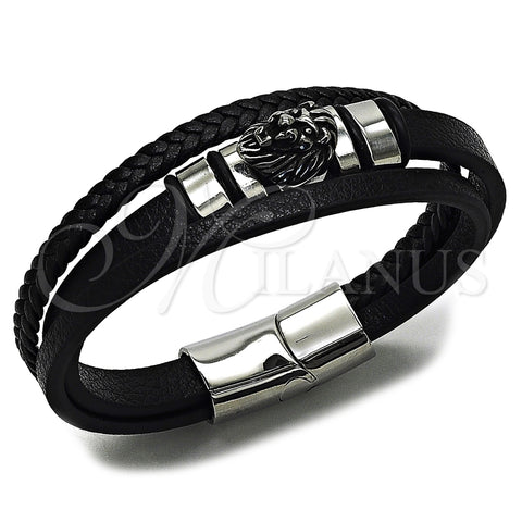 Stainless Steel Fancy Bracelet, Lion Design, Black Leather Finish, Steel Finish, 03.462.0018.09 (24 MM Thickness, 9 Inches Length)