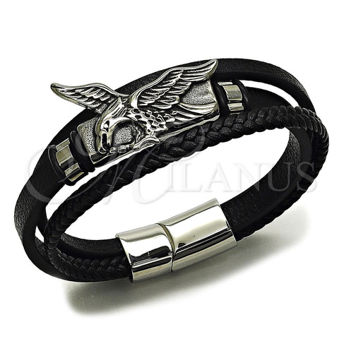 Stainless Steel Fancy Bracelet, Eagle Design, Black Leather Finish, Steel Finish, 03.462.0019.09 (30 MM Thickness, 9 Inches Length)