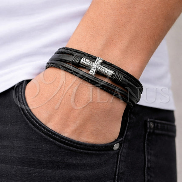 Stainless Steel Bracelet — Fancy Bracelet Cross Design Black Leather 03. 23 — alternate product view — SKU 164748 | Acero Inoxidable brazalete — elegante Bracelet cruz diseño negro Leather 03. 23 — SKU 164748