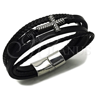 Stainless Steel Fancy Bracelet, Cross Design, Black Leather Finish, Steel Finish, 03.462.0020.09 (23 MM for wholesale, main product view
