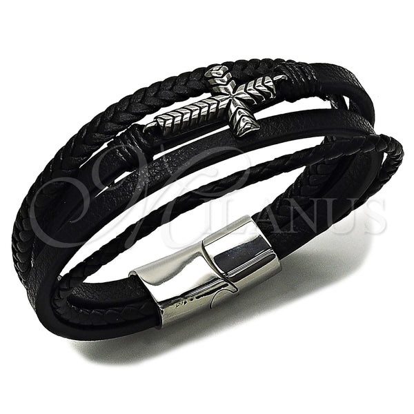Stainless Steel Bracelet — Fancy Bracelet Cross Design Black Leather 03. 23 — main product view — SKU 164748 | Acero Inoxidable brazalete — elegante Bracelet cruz diseño negro Leather 03. 23 — SKU 164748