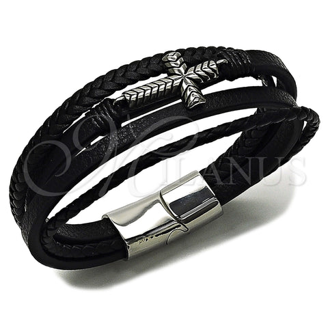 Stainless Steel Fancy Bracelet, Cross Design, Black Leather Finish, Steel Finish, 03.462.0020.09 (23 MM Thickness, 9 Inches Length)