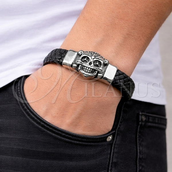 Stainless Steel Bracelet — Fancy Bracelet Skull Design Black Leather 03. 25 — alternate product view — SKU 164749 | Acero Inoxidable brazalete — elegante Bracelet Skull diseño negro Leather 03. 25 — SKU 164749