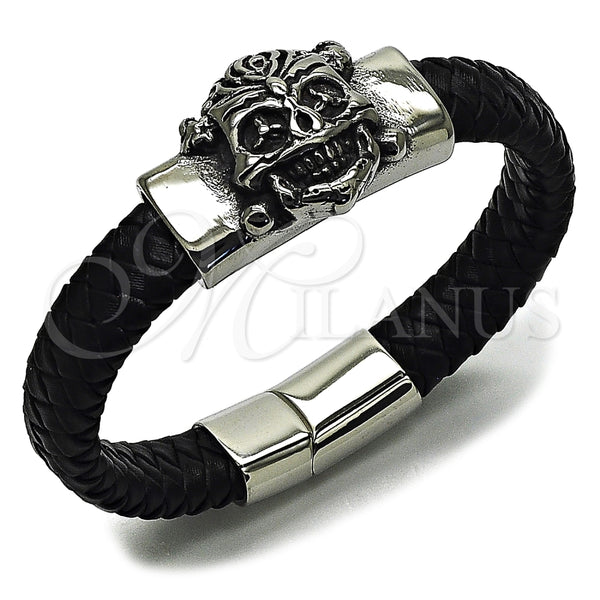 Stainless Steel Bracelet — Fancy Bracelet Skull Design Black Leather 03. 25 — main product view — SKU 164749 | Acero Inoxidable brazalete — elegante Bracelet Skull diseño negro Leather 03. 25 — SKU 164749