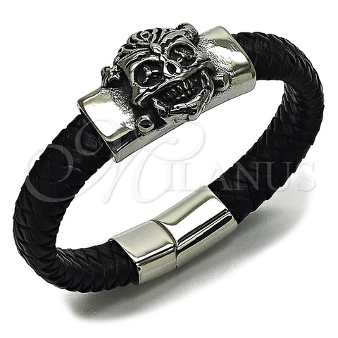 Stainless Steel Fancy Bracelet, Skull Design, Black Leather Finish, Steel Finish, 03.462.0021.09 (25 MM Thickness, 9 Inches Length)
