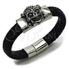 Stainless Steel Fancy Bracelet, Skull Design, Black Leather Finish, Steel Finish, 03.462.0021.09 (25 MM Thickness, 9 Inches Length)