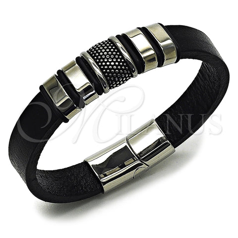 Stainless Steel Fancy Bracelet, Black Leather Finish, Steel Finish, 03.462.0022.09 (Thickness, 9 Inches Length)