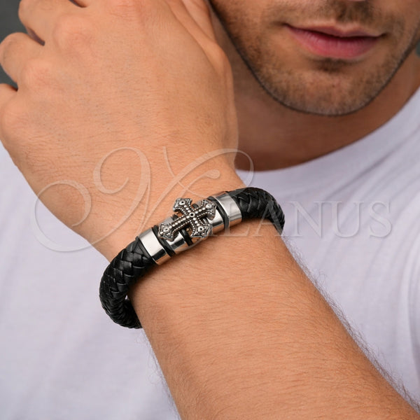 Stainless Steel Bracelet — Fancy Bracelet Cross Design Black Leather 03. 18 — alternate product view — SKU 164751 | Acero Inoxidable brazalete — elegante Bracelet cruz diseño negro Leather 03. 18 — SKU 164751