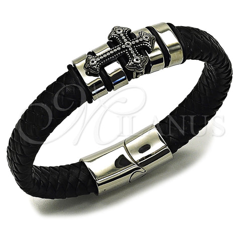 Stainless Steel Fancy Bracelet, Cross Design, Black Leather Finish, Steel Finish, 03.462.0023.09 (18 MM Thickness, 9 Inches Length)
