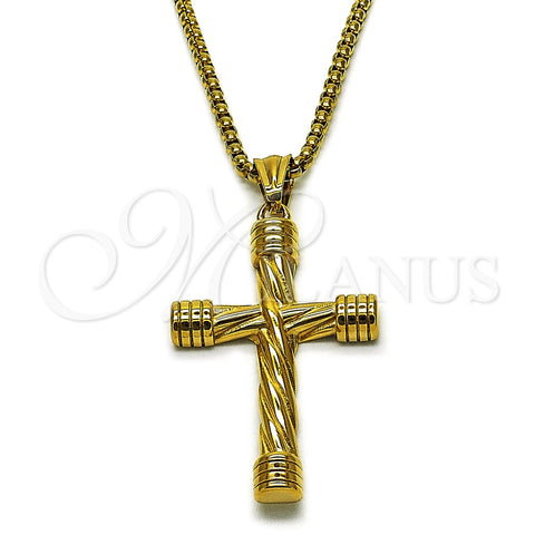 Stainless Steel Pendant Necklace, Box and Cross Design, Polished, Golden Finish, 04.461.0003.1.24 (03 MM Thickness, 24 Inches Length)