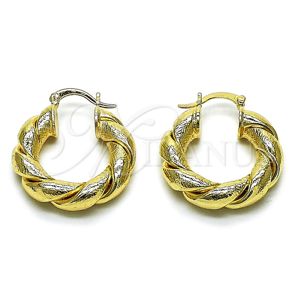 Oro Laminado Medium Hoop, Gold Filled Style Twist and Hollow Design, Matte Finish, Golden Finish, 02.163.0443.25
