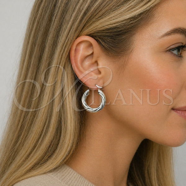 White Gold Filled Hoop Earrings — Small Hoop Twist and Hollow Design Polished 02. — alternate product view — SKU 164878 | Oro Laminado Blanco aretes de aro — Small Hoop Twist and Hollow diseño pulido 02. — SKU 164878