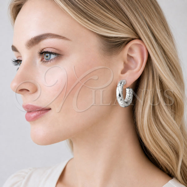 White Gold Filled Hoop Earrings — Medium Hoop Hollow Design Diamond Cutting 02. — alternate product view — SKU 164879 | Oro Laminado Blanco aretes de aro — Medium Hoop Hollow diseño Diamond Cutting 02. — SKU 164879