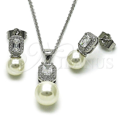 Rhodium Gold Filled Earring and Pendant Adult Set, Ball and Cluster Design, with White Cubic Zirconia and Ivory for wholesale, main product view