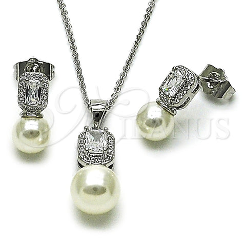 Rhodium Gold Filled Earring and Pendant Adult Set, Ball and Cluster Design, with White Cubic Zirconia and Ivory Pearl, Polished, Rhodium Finish, 10.156.0470.1