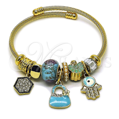 Stainless Steel Individual Bangle, Suitecase and Hand of God Design, with White Crystal and Ivory Pearl, Turquoise Enamel Finish, Golden Finish, 07.463.0001 (03 MM Thickness, One size fits all)