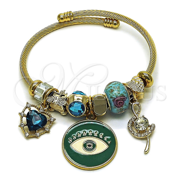 Stainless Steel Individual Bangle, Evil Eye and Heart Design, with Indicolite and White Crystal, Turquoise Enamel Finish, Golden Finish, 07.463.0002 (03 MM Thickness, One size fits all)