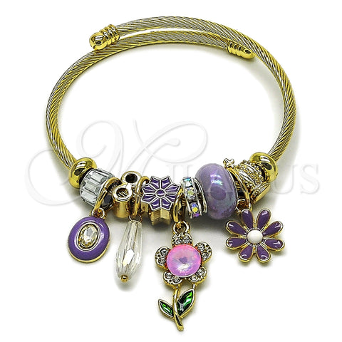 Stainless Steel Individual Bangle, Flower and Crown Design, with Crystal and Light Rose Crystal, Purple Enamel Finish, Golden Finish, 07.463.0004 (03 MM Thickness, One size fits all)