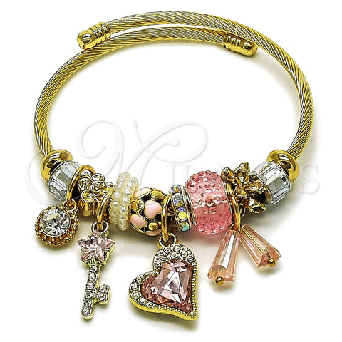 Stainless Steel Individual Bangle, Heart and key Design, with Light Rose and Aurore Boreale Crystal, Pink Enamel Finish, Golden Finish, 07.463.0007 (03 MM Thickness, One size fits all)
