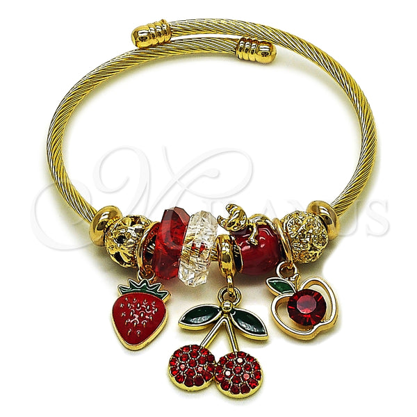 Stainless Steel Individual Bangle, Strawberry and Cherry Design, with Light Siam and Crystal Crystal, Red Enamel Finish, Golden Finish, 07.463.0008 (03 MM Thickness, One size fits all)