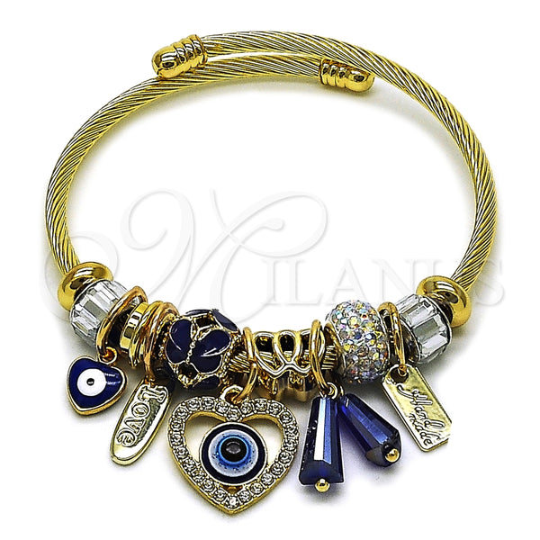 Stainless Steel Individual Bangle, Heart and Evil Eye Design, with Montana and Crystal Crystal, Blue Enamel Finish, Golden Finish, 07.463.0009 (03 MM Thickness, One size fits all)
