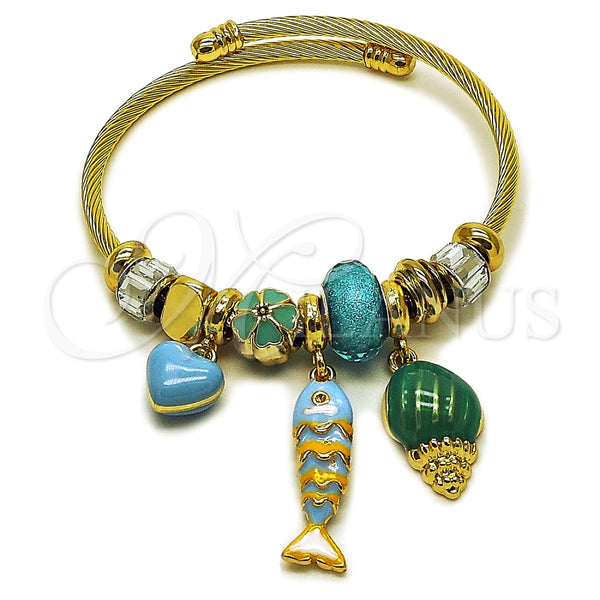 Stainless Steel Individual Bangle, Fish and Snail Design, with Light Turquoise and Crystal Crystal, Turquoise Enamel Finish, Golden Finish, 07.463.0010 (03 MM Thickness, One size fits all)