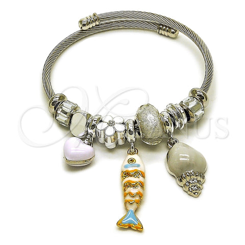 Stainless Steel Individual Bangle, Fish and Snail Design, with Crystal Black Patina and Crystal Crystal, White Enamel Finish, Steel Finish, 07.463.0010.1 (03 MM Thickness, One size fits all)