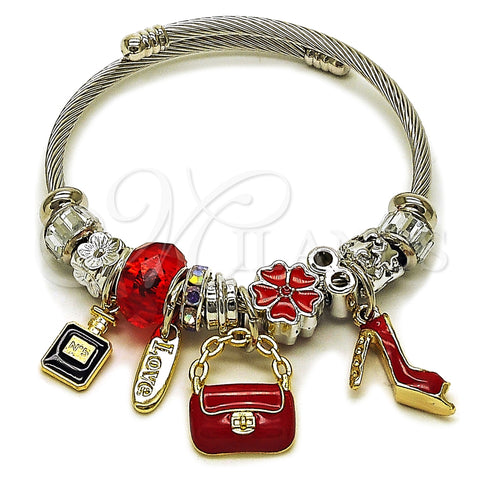 Stainless Steel Individual Bangle, Suitecase and Shoes Design, with Light Siam and Crystal Crystal, Red Enamel Finish, Two Tone, 07.463.0011 (03 MM Thickness, One size fits all)
