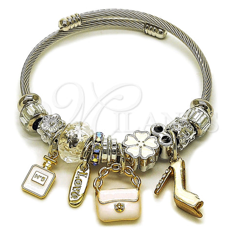 Stainless Steel Individual Bangle, Suitecase and Shoes Design, with Crystal and Aurore Boreale Crystal, White Enamel Finish, Two Tone, 07.463.0011.1 (03 MM Thickness, One size fits all)