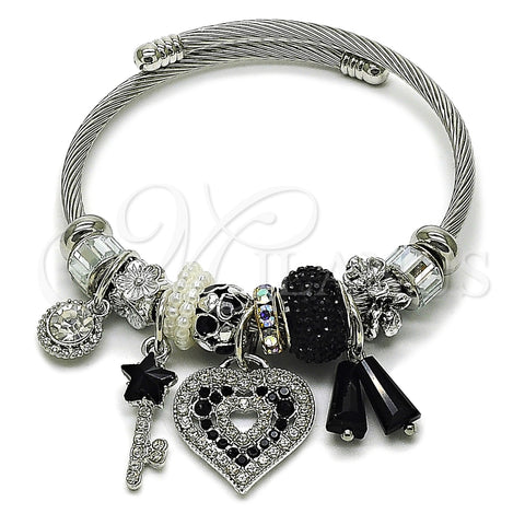 Stainless Steel Individual Bangle, Heart and key Design, with Jet and Crystal Crystal, Black Enamel Finish, Steel Finish, 07.463.0012 (03 MM Thickness, One size fits all)