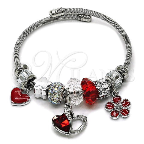 Stainless Steel Individual Bangle, Heart and Flower Design, with Light Siam and Aurore Boreale Crystal, Red Enamel Finish, Steel Finish, 07.463.0013 (03 MM Thickness, One size fits all)