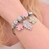 Stainless Steel Individual Bangle, Leaf and Elephant Design, with Crystal Crystal and Ivory Pearl, Pink Enamel Finish, Steel Finish, 07.463.0014 (03 MM Thickness, One size fits all)