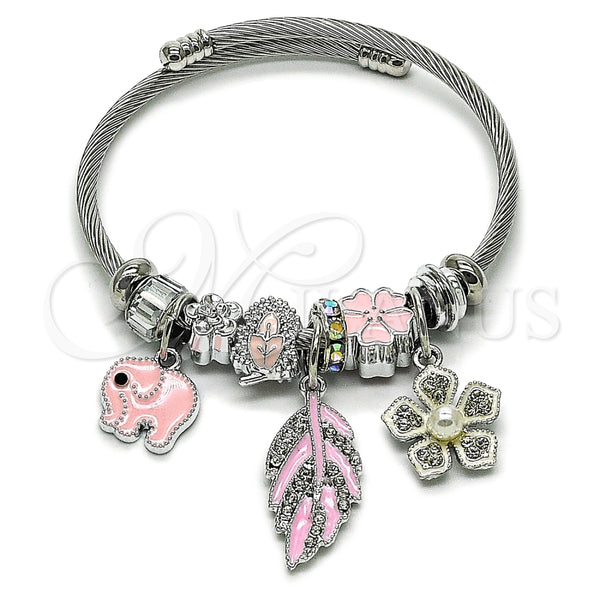Stainless Steel Individual Bangle, Leaf and Elephant Design, with Crystal Crystal and Ivory Pearl, Pink Enamel Finish, Steel Finish, 07.463.0014 (03 MM Thickness, One size fits all)