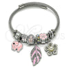 Stainless Steel Individual Bangle, Leaf and Elephant Design, with Crystal Crystal and Ivory Pearl, Pink Enamel Finish, Steel Finish, 07.463.0014 (03 MM Thickness, One size fits all)