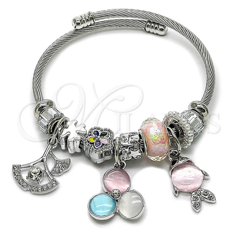 Stainless Steel Individual Bangle, Flower and Fish Design, with Light Rose and Light Turquoise Crystal, Multicolor Enamel Finish, Steel Finish, 07.463.0015 (03 MM Thickness, One size fits all)