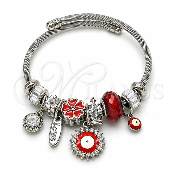 Stainless Steel Individual Bangle, Evil Eye and Flower Design, with Crystal and Siam Crystal, Red Enamel Finish, Steel Finish, 07.463.0017 (03 MM Thickness, One size fits all)