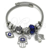 Stainless Steel Individual Bangle, Hand of God and Evil Eye Design, with Tanzanite and Crystal Crystal, Blue Enamel Finish, Steel Finish, 07.463.0018 (03 MM Thickness, One size fits all)