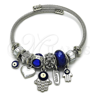 Stainless Steel Individual Bangle, Judaica and Hand of God Design, with Montana and Crystal Crystal, Blue Enamel Finish, Steel Finish, 07.463.0019 (03 MM Thickness, One size fits all)