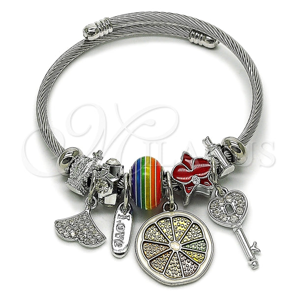 Stainless Steel Individual Bangle, key and Love Design, with Crystal Crystal, Red Enamel Finish, Steel Finish, 07.463.0021 (03 MM Thickness, One size fits all)