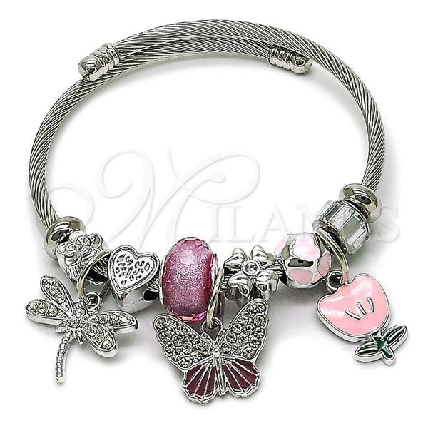 Stainless Steel Individual Bangle, Butterfly and Dragon-Fly Design, with Crystal and Light Rose Crystal, Pink Enamel Finish, Steel Finish, 07.463.0022 (03 MM Thickness, One size fits all)