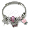 Stainless Steel Individual Bangle, Butterfly and Dragon-Fly Design, with Crystal and Light Rose Crystal, Pink Enamel Finish, Steel Finish, 07.463.0022 (03 MM Thickness, One size fits all)