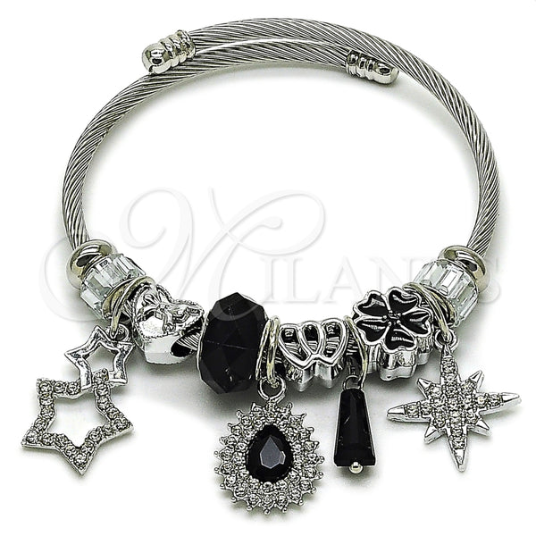 Stainless Steel Individual Bangle, Teardrop and Star Design, with Crystal and Jet Crystal, Black Enamel Finish, Steel Finish, 07.463.0024 (03 MM Thickness, One size fits all)