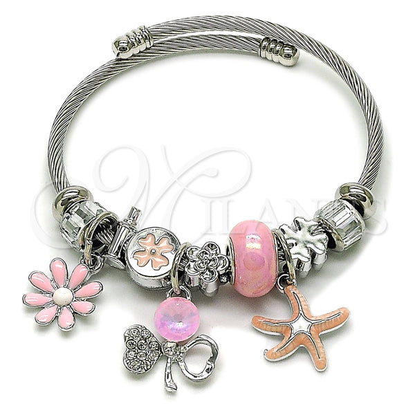 Stainless Steel Individual Bangle, Flower and Star Design, with Rosaline and Crystal Crystal, Pink Enamel Finish, Steel Finish, 07.463.0025 (03 MM Thickness, One size fits all)