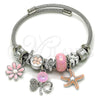 Stainless Steel Individual Bangle, Flower and Star Design, with Rosaline and Crystal Crystal, Pink Enamel Finish, Steel Finish, 07.463.0025 (03 MM Thickness, One size fits all)