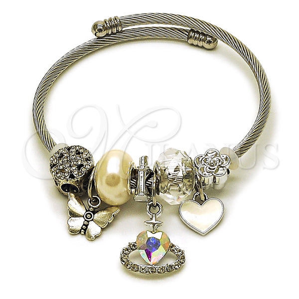 Stainless Steel Individual Bangle, Heart and Butterfly Design, with Aurore Boreale and Crystal Crystal, White Enamel Finish, Steel Finish, 07.464.0002 (03 MM Thickness, One size fits all)