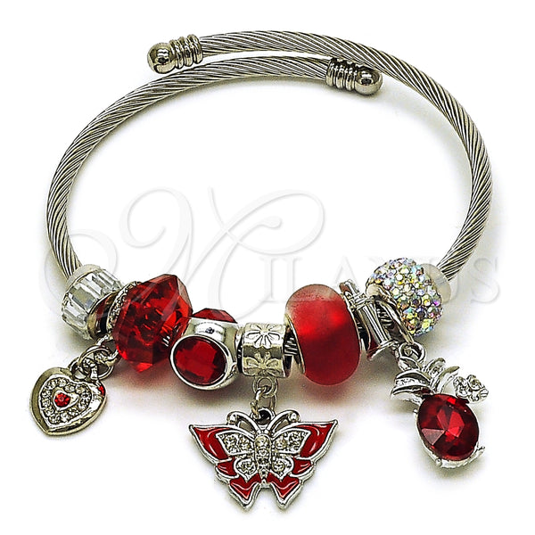 Stainless Steel Individual Bangle, Butterfly and Heart Design, with Crystal and Aurore Boreale Crystal, Red Enamel Finish, Steel Finish, 07.464.0003 (03 MM Thickness, One size fits all)
